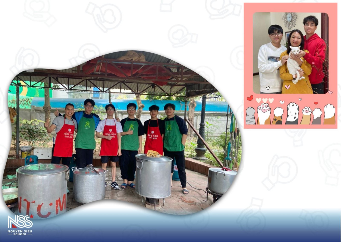 Ảnh trái: Đinh Tiến Đạt và các bạn nấu cháo miễn phí hàng tuần cho những bệnh nhân nghèo; Ảnh phải: Đạt bên mẹ và em trai cùng mèo cưng.