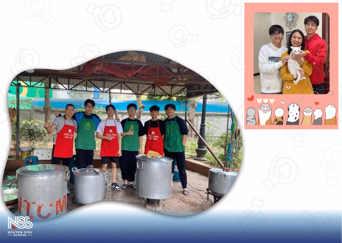 Ảnh trái: Đinh Tiến Đạt và các bạn nấu cháo miễn phí hàng tuần cho những bệnh nhân nghèo; Ảnh phải: Đạt bên mẹ và em trai cùng mèo cưng.