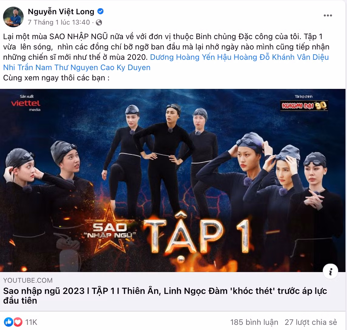 Mũi trưởng Long thường xuyên nhắc đến Sao Nhập Ngũ trên Facebook cá nhân.