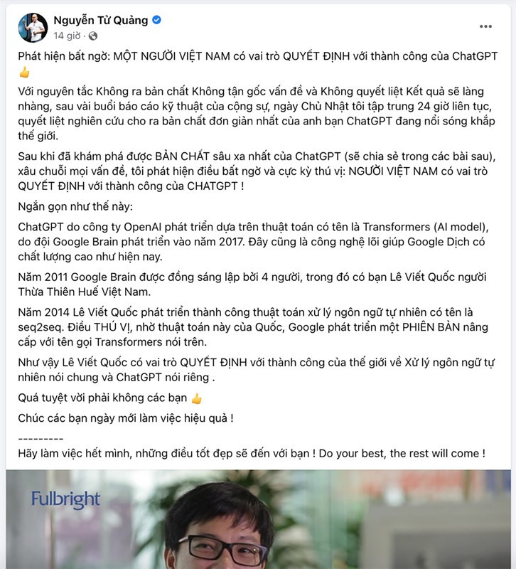 Bài đăng chia sẻ về anh Lê Viết Quốc do CEO BKAV Nguyễn Tử Quảng chia sẻ.