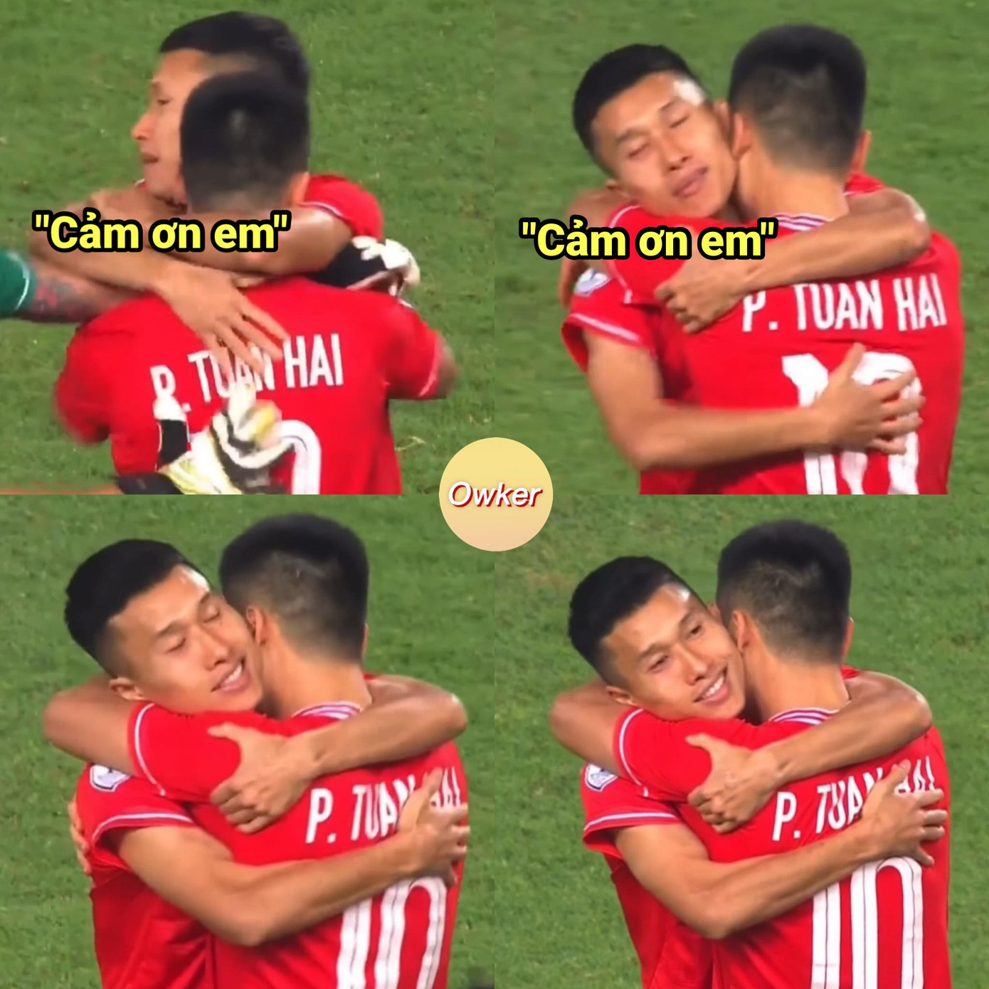 Trọng tài thổi còi kết thúc trận đấu, Doãn Ngọc Tân tiến đến ôm chặt Tuấn Hải, không ngừng nói "Cảm ơn em. Cảm ơn em. Cảm ơn em". (Ảnh: Fandom Owker) Trọng tài thổi còi kết thúc trận đấu, Doãn Ngọc Tân tiến đến ôm chặt Tuấn Hải, không ngừng nói "Cảm ơn em. Cảm ơn em. Cảm ơn em". (Ảnh: Fandom Owker)