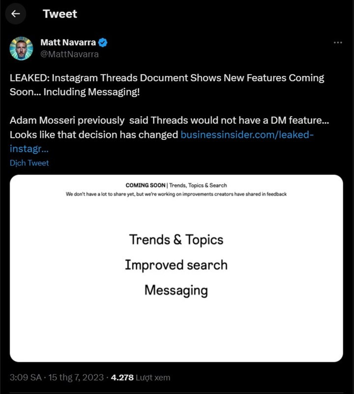 Bài viết của Matt Navarra trên Twitter. Bài viết của Matt Navarra trên Twitter.