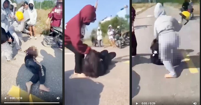 Vụ việc học sinh lớp 7 bị nhóm bạn hành hung, quay clip đăng tải lên mạng xã hội ở thị trấn Cát Khánh, huyện Phù Cát. (Ảnh cắt từ clip)