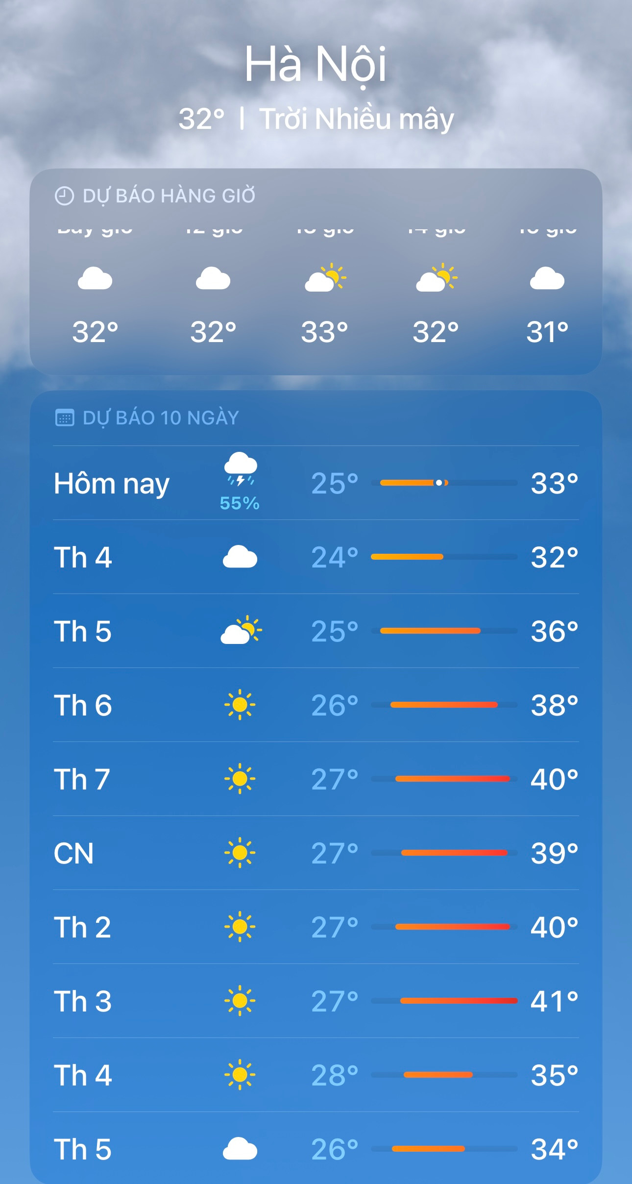 Ứng dụng thời tiết trên iPhone dự báo nhiệt độ tại Hà Nội dịp nghỉ lễ có thể lên tới 41 độ C. Ứng dụng thời tiết trên iPhone dự báo nhiệt độ tại Hà Nội dịp nghỉ lễ có thể lên tới 41 độ C.