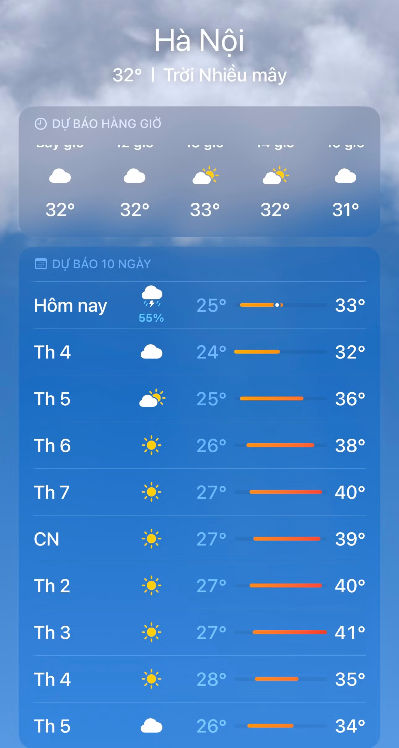 Ứng dụng thời tiết trên iPhone dự báo nhiệt độ tại Hà Nội dịp nghỉ lễ có thể lên tới 41 độ C.