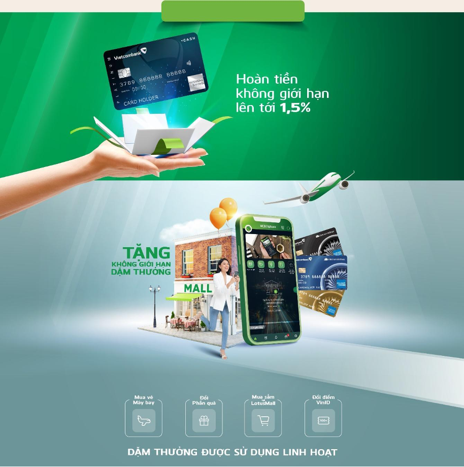 Thẻ Vietcombank AMEX có được chia thành 2 dòng là thẻ hoàn tiền và thẻ có tính năng cộng dặm Bông Sen Vàng.