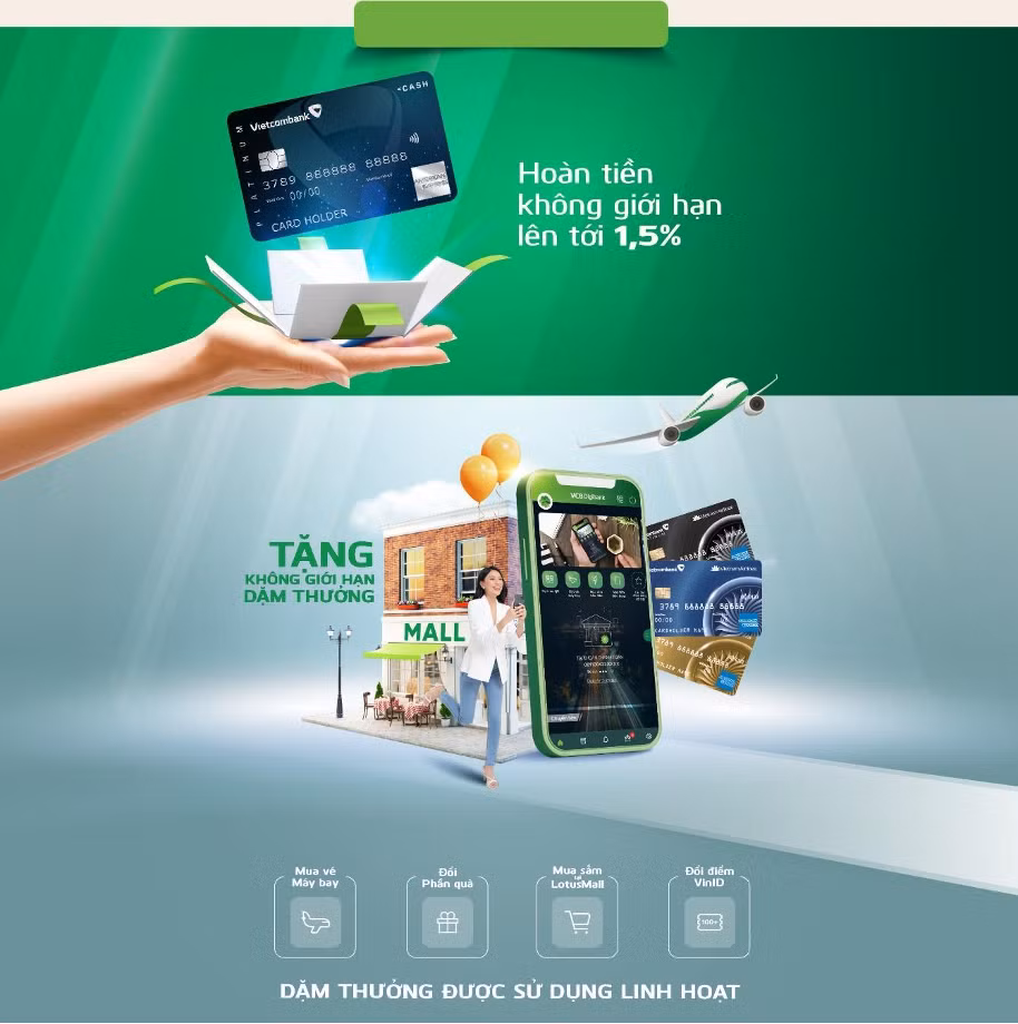 Thẻ Vietcombank AMEX có được chia thành 2 dòng là thẻ hoàn tiền và thẻ có tính năng cộng dặm Bông Sen Vàng.