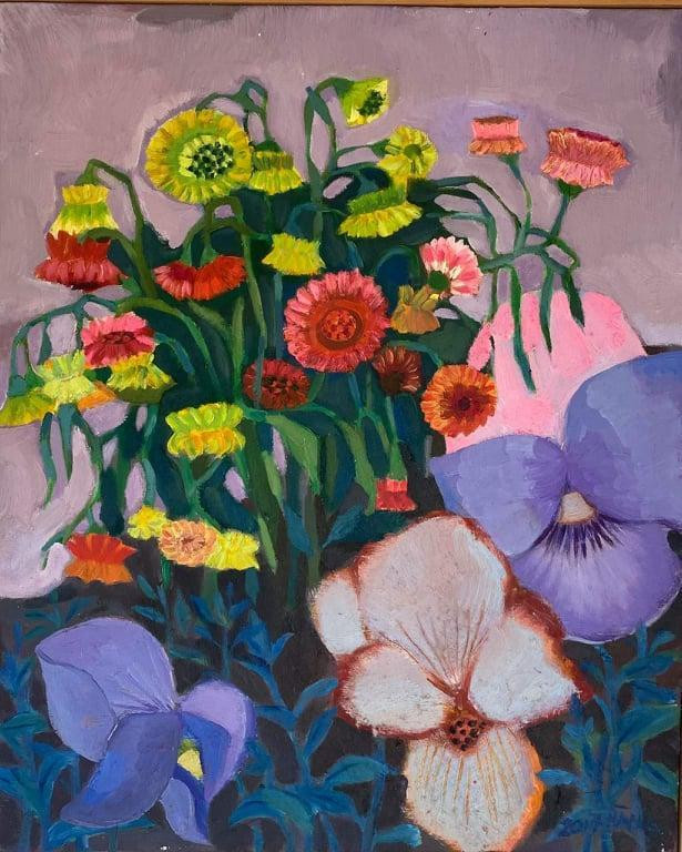 Họa sỹ Đỗ Thúy Hằng, vợ họa sỹ Đặng Xuân Hòa, gửi tặng bức “Thu sang”, sơn dầu, kích thước 50 cm x 60 cm.