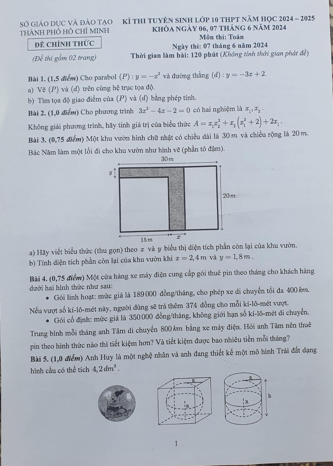 Đề thi môn Toán vào lớp 10 tại TP.HCM năm học 2024 - 2025.