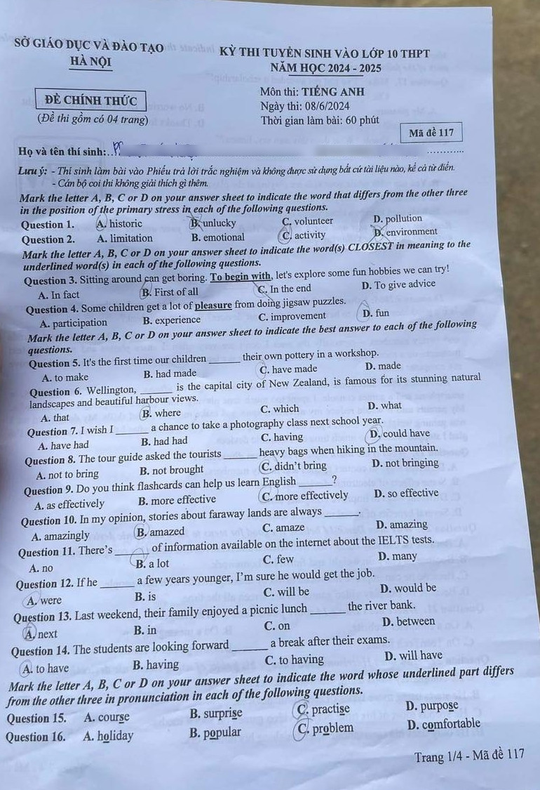 Đề thi tiếng Anh mã đề 117.