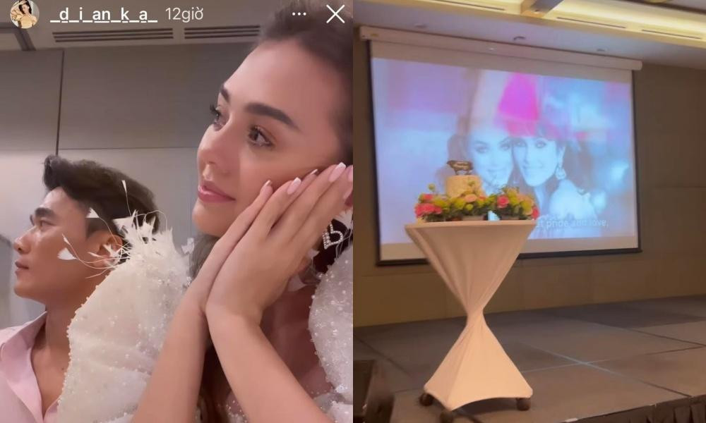 Cô dâu Dianka rơi nước mắt trong bữa tiệc sau hôn lễ khi hình ảnh về gia đình cô được trình chiếu lên màn hình.