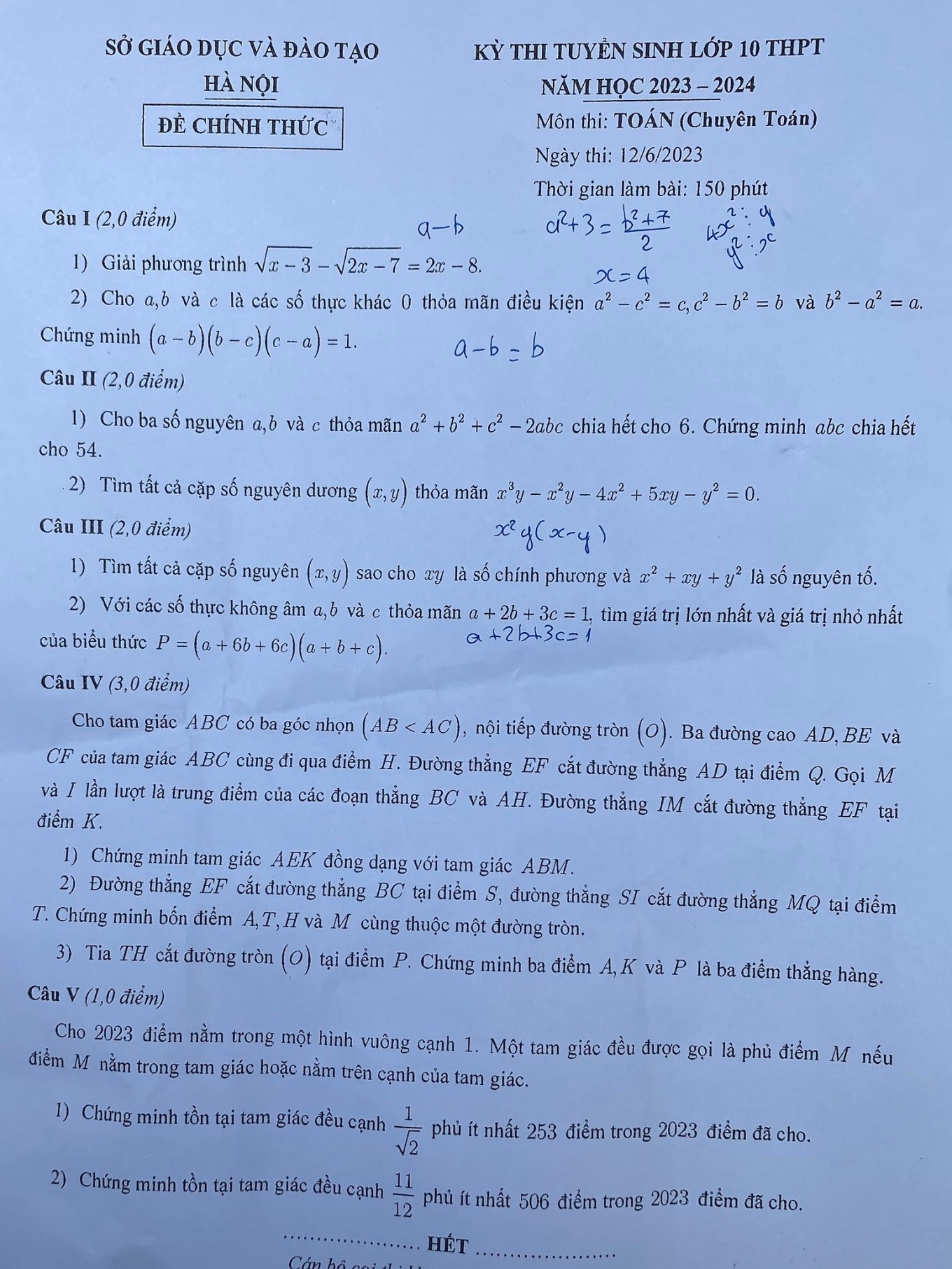 Đề thi vào lớp 10 chuyên Toán tại Hà Nội năm nay gồm 5 câu hỏi, thí sinh làm bài trong vòng 150 phút. Đề thi vào lớp 10 chuyên Toán tại Hà Nội năm nay gồm 5 câu hỏi, thí sinh làm bài trong vòng 150 phút.