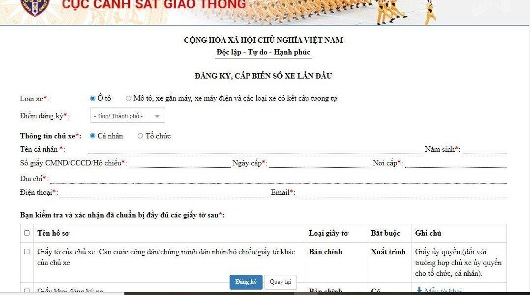 Giao diện đăng ký cấp biển số xe lần đầu. (Ảnh: Cục Cảnh sát giao thông)
