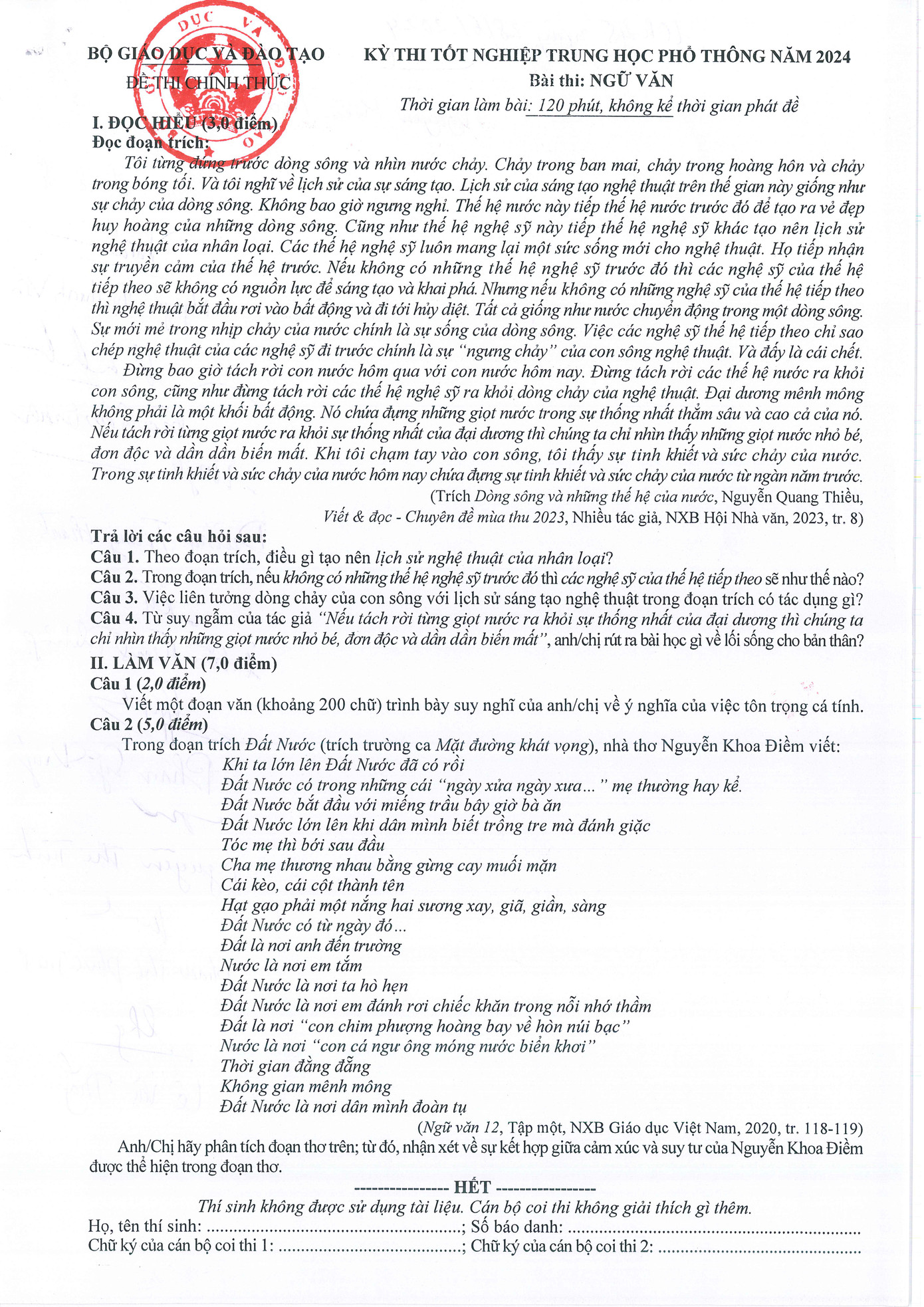 Đề thi chính thức môn Ngữ văn kỳ thi tốt nghiệp THPT 2024.