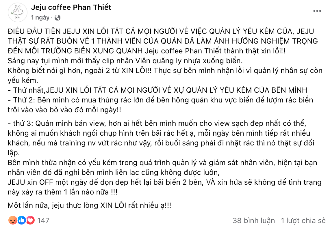 Bài đăng xin lỗi của Jeju coffee.