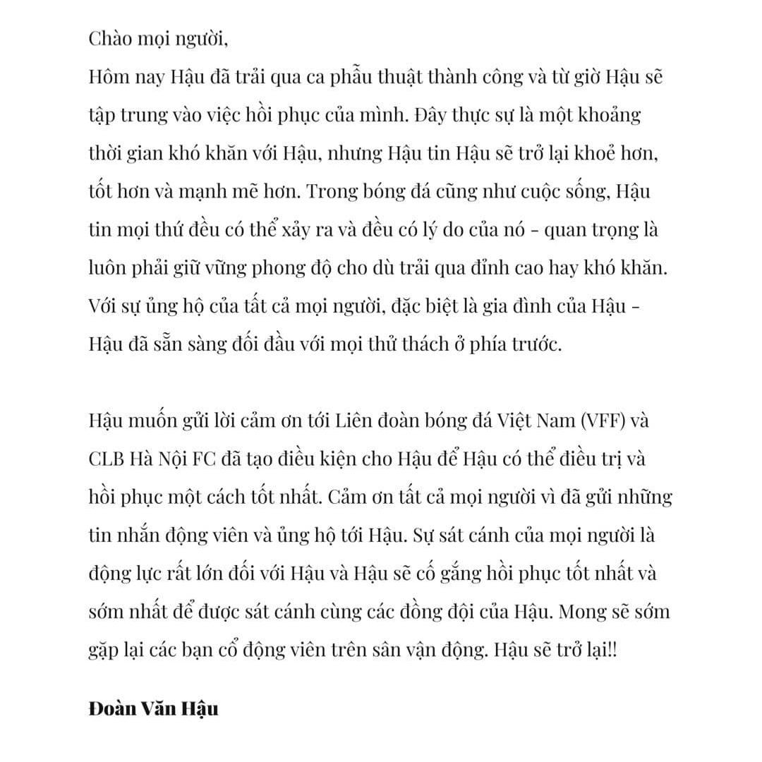 Đoàn Văn Hậu đăng &quot;tâm thư&quot; trên trang cá nhân, thông báo ca phẫu thuật ngày 17/11 tại Hàn Quốc đã diễn ra thành công.
