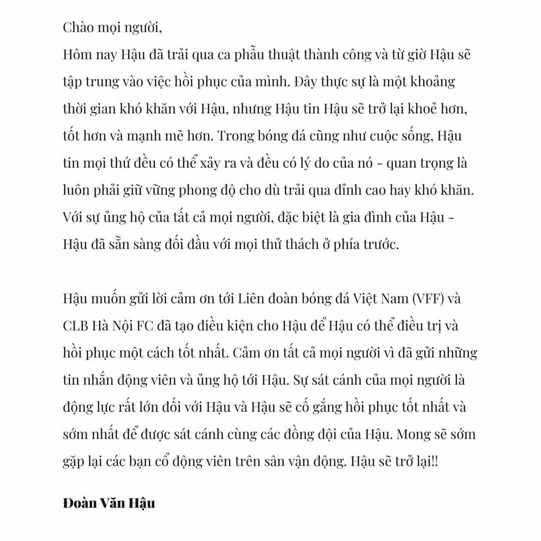 Đoàn Văn Hậu đăng "tâm thư" trên trang cá nhân, thông báo ca phẫu thuật ngày 17/11 tại Hàn Quốc đã diễn ra thành công.