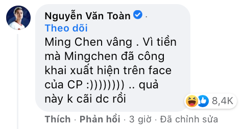 Văn Toàn để lại bình luận trêu chọc Viên Minh khi cô nàng xuất hiện cùng ông xã trên fanpage. Ngoài việc thông báo tin vui, Công Phượng còn giới thiệu về một dịch vụ y tế trong bài đăng.