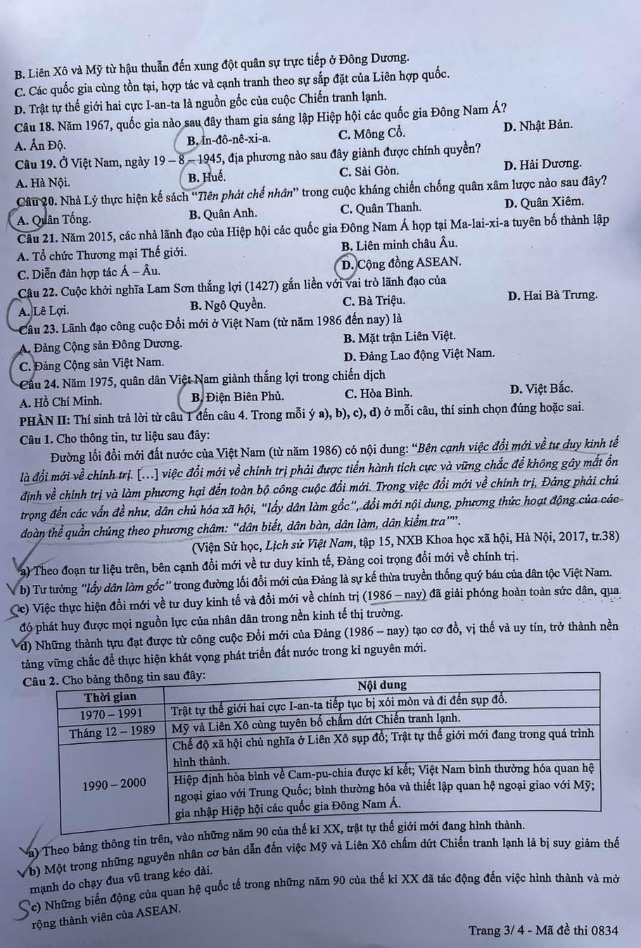 Đề thi môn Lịch sử - mã đề 834.
