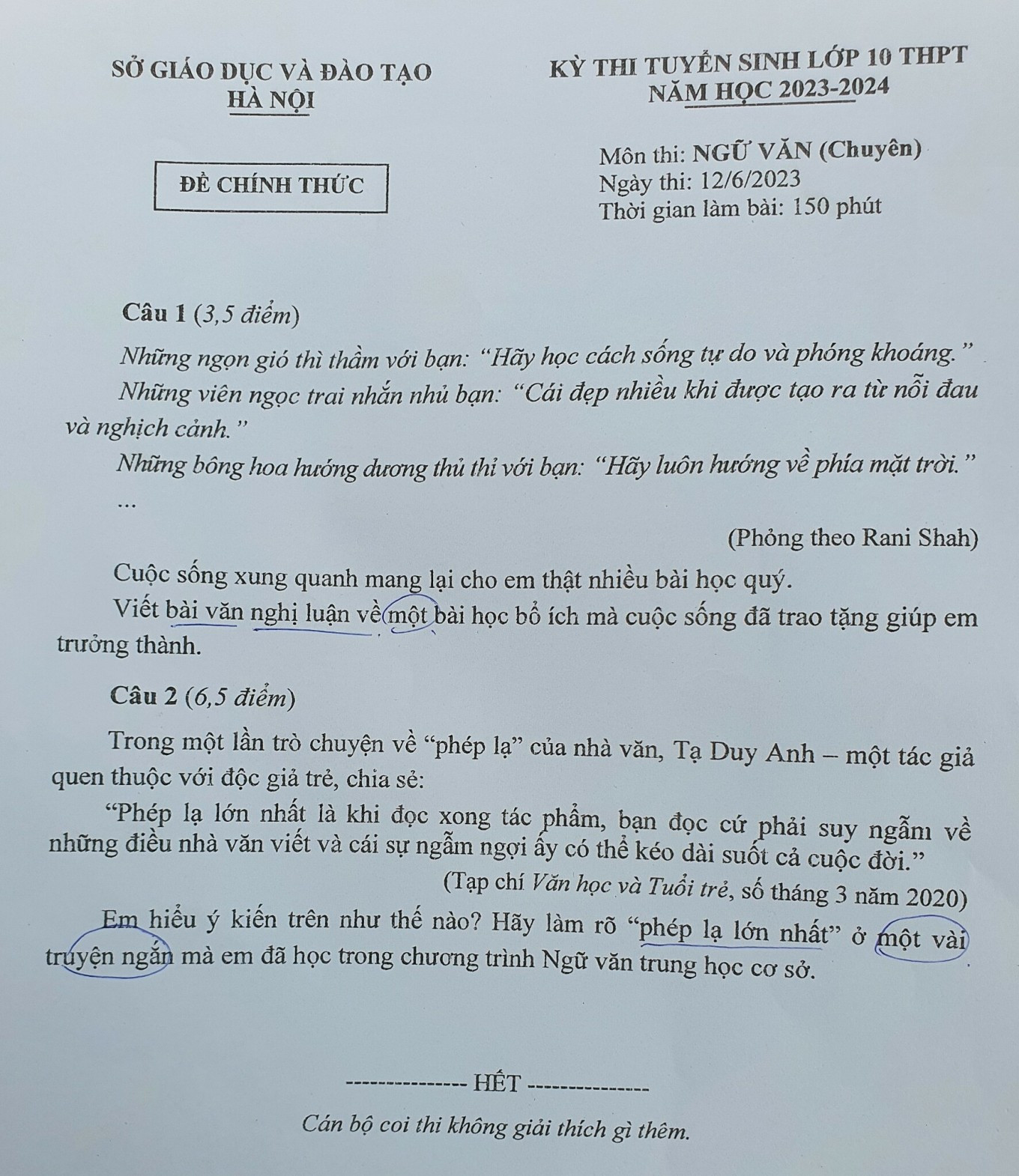 Đề thi vào lớp 10 chuyên Văn với câu Nghị luận xã hội về "một bài học bổ ích mà cuộc sống đã trao tặng giúp em trưởng thành". Đề thi vào lớp 10 chuyên Văn với câu Nghị luận xã hội về "một bài học bổ ích mà cuộc sống đã trao tặng giúp em trưởng thành".