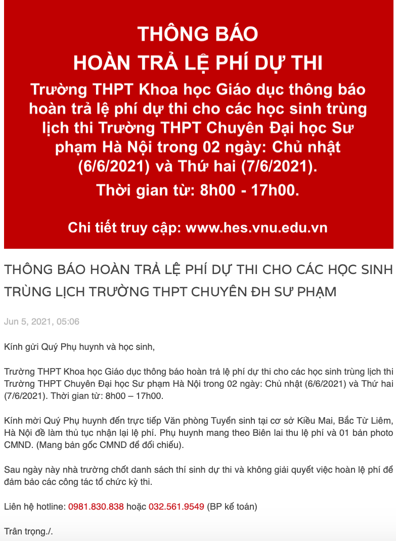 Trường THPT Khoa học Giáo dục thông báo hoàn trả lệ phí dự thi. Trường THPT Khoa học Giáo dục thông báo hoàn trả lệ phí dự thi.
