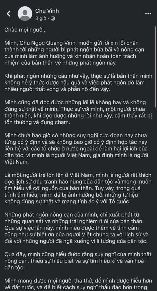 Bài đăng xin lỗi của Chu Ngọc Quang Vinh trên trang cá nhân sau phát ngôn gây tranh cãi. Bài đăng xin lỗi của Chu Ngọc Quang Vinh trên trang cá nhân sau phát ngôn gây tranh cãi.