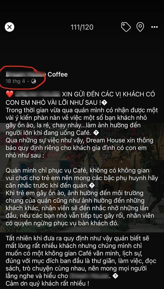 Trước đó, D.H. Coffee từng có bài đăng "nhắc nhở" khách hàng đem theo con nhỏ tới quán.
