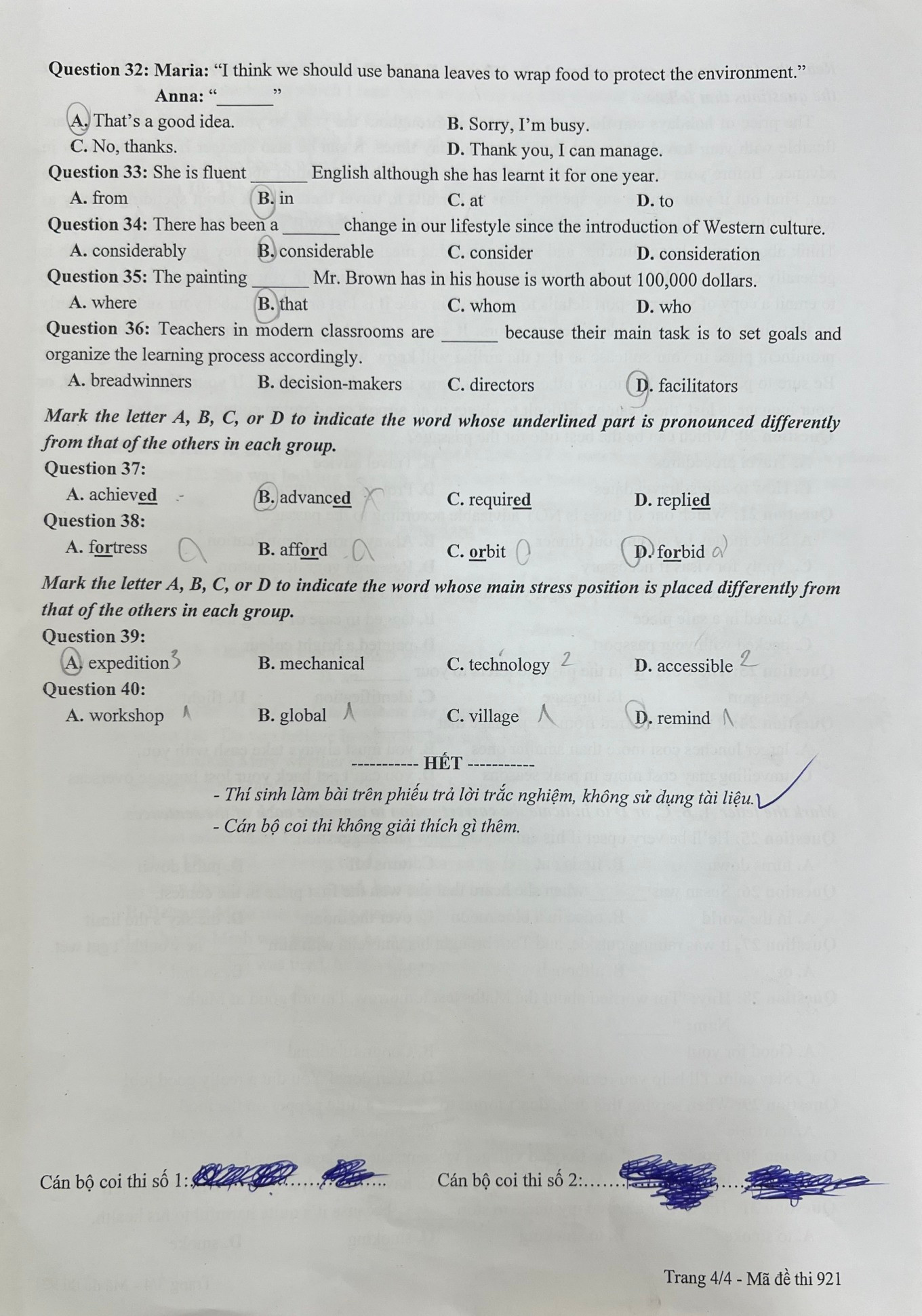 Đề thi môn tiếng Anh mã đề 921. Đề thi môn tiếng Anh mã đề 921.