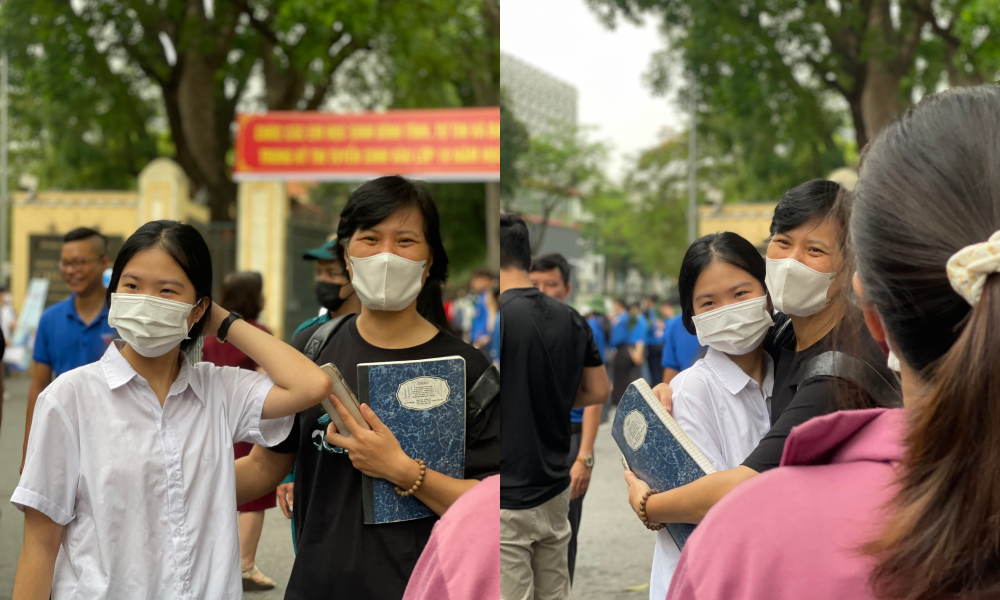 Tại điểm thi trường THPT Chu Văn An (Hà Nội), trước khi con bước vào phòng thi, nhiều phụ huynh nắm tay, quàng vai, trao những cái ôm động viên, khích lệ tinh thần các con. Phần lớn phụ huynh đều hồi hộp không kém các sĩ tử. (Ảnh: Hiền Vũ) Tại điểm thi trường THPT Chu Văn An (Hà Nội), trước khi con bước vào phòng thi, nhiều phụ huynh nắm tay, quàng vai, trao những cái ôm động viên, khích lệ tinh thần các con. Phần lớn phụ huynh đều hồi hộp không kém các sĩ tử. (Ảnh: Hiền Vũ)