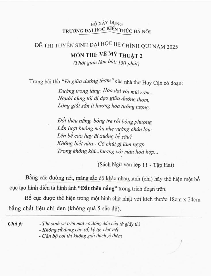 Đề thi môn Mỹ thuật 2 - Trường Đại học Kiến trúc Hà Nội năm 2025. Đề thi môn Mỹ thuật 2 - Trường Đại học Kiến trúc Hà Nội năm 2025.