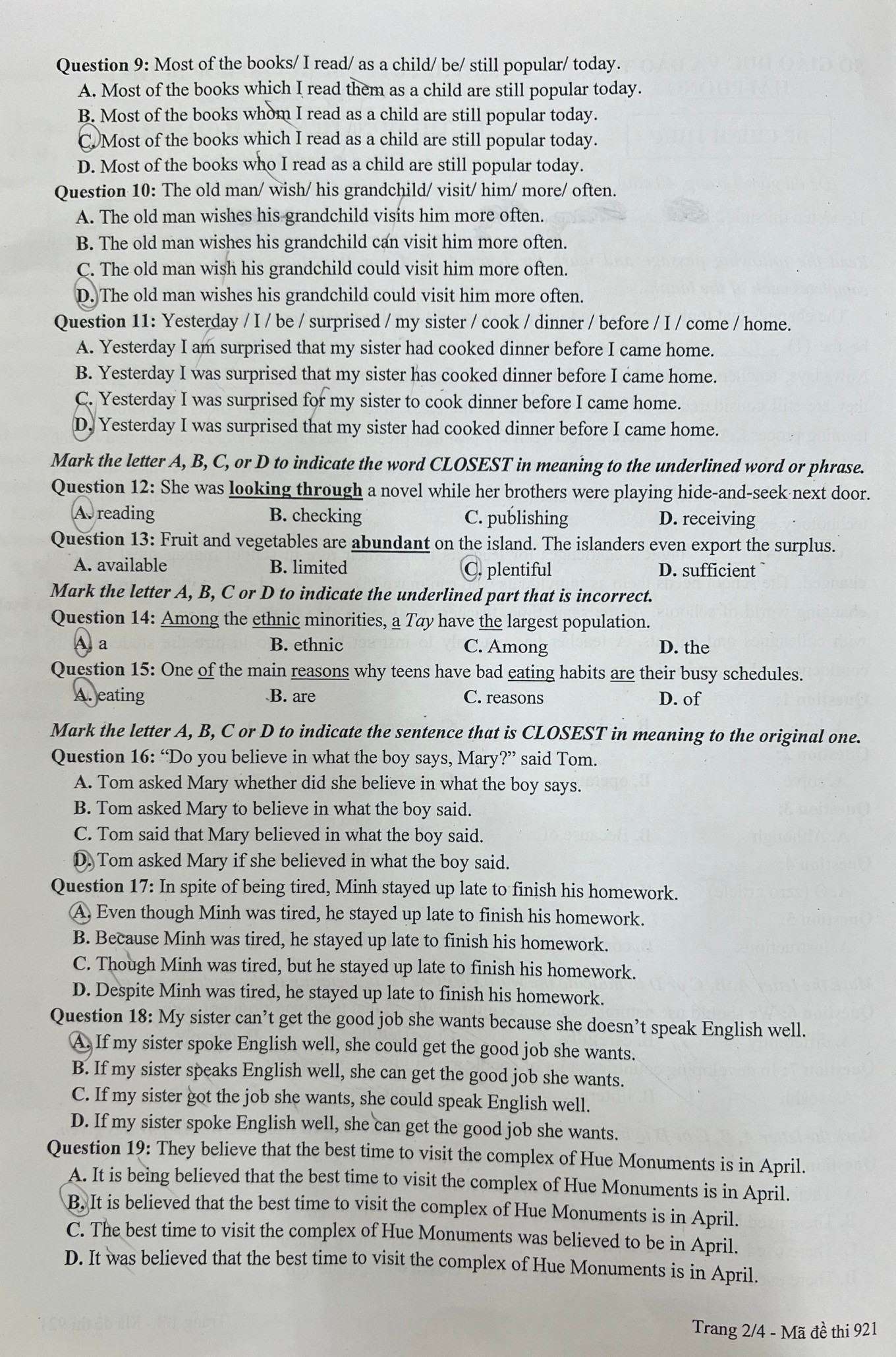 Đề thi môn tiếng Anh mã đề 921. Đề thi môn tiếng Anh mã đề 921.