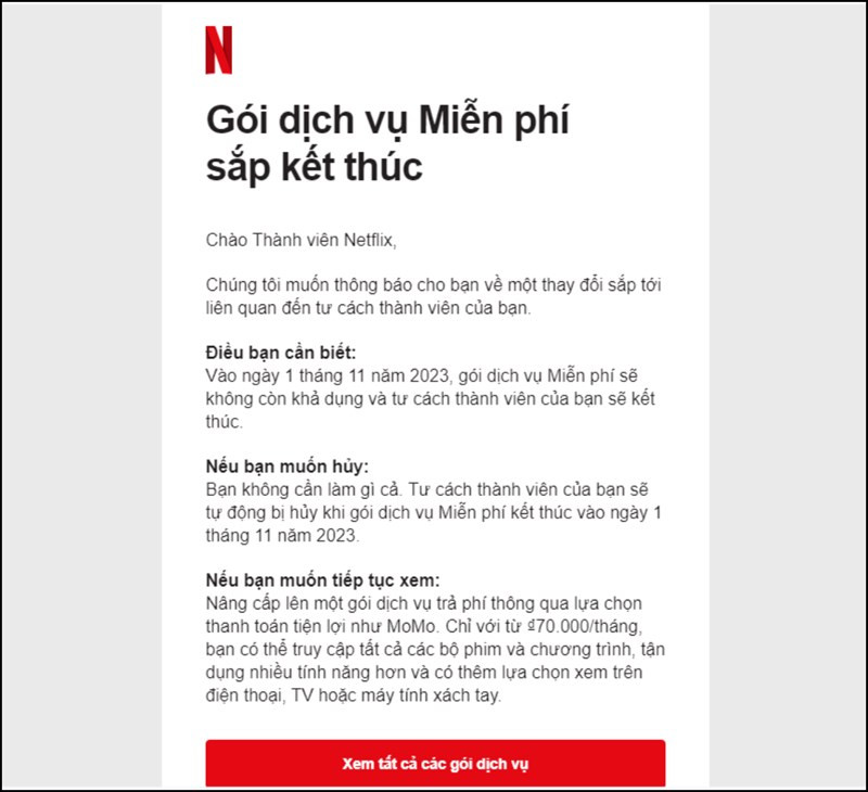 Nội dung thông báo của Netflix. Nội dung thông báo của Netflix.