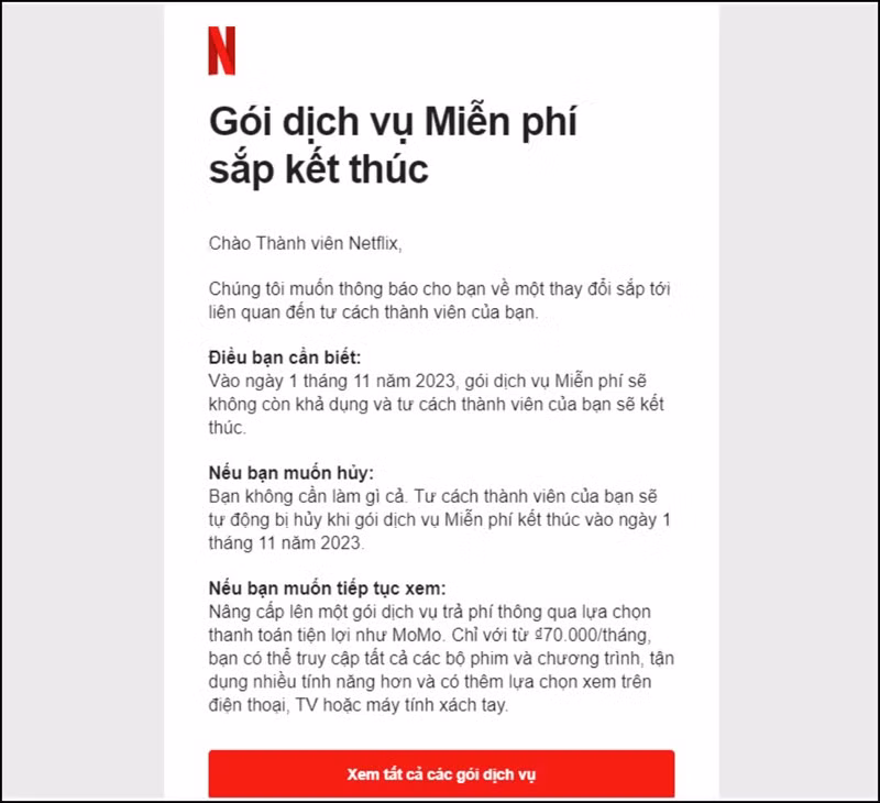 Nội dung thông báo của Netflix.