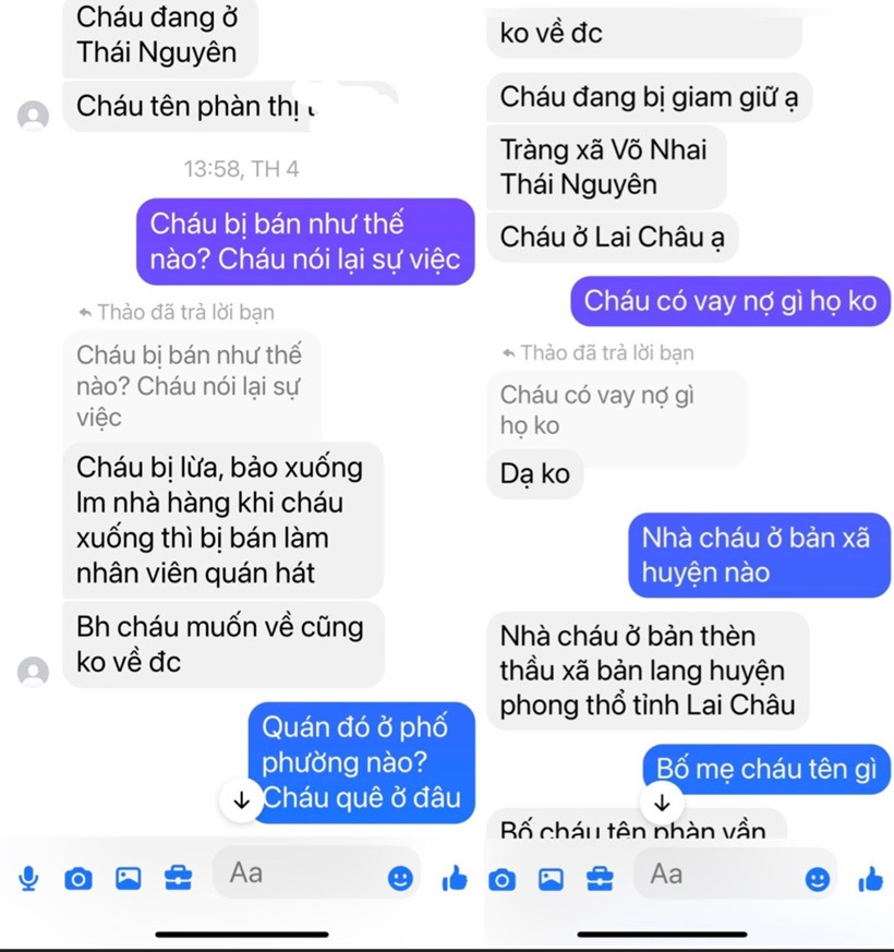 Nội dung tin nhắn T. gửi đến Fanpage Công an tỉnh Lai Châu cầu cứu. (Ảnh: Công an tỉnh Lai Châu). Nội dung tin nhắn T. gửi đến Fanpage Công an tỉnh Lai Châu cầu cứu. (Ảnh: Công an tỉnh Lai Châu).