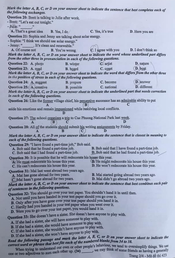 Đề thi tiếng Anh tốt nghiệp THPT 2024 mã đề 423.