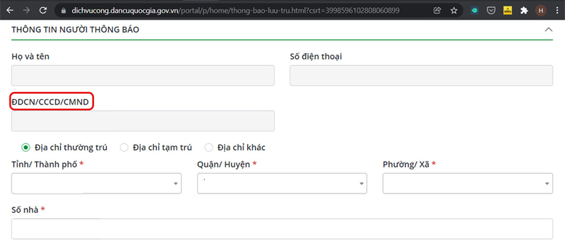 Phần thông tin người thông báo sẽ ghi mã số định danh cá nhân.