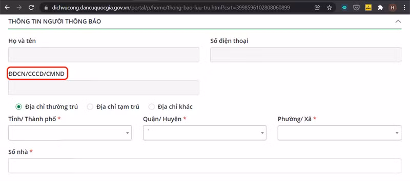Phần thông tin người thông báo sẽ ghi mã số định danh cá nhân.