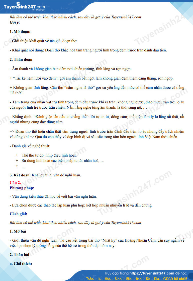 Gợi ý giải đề môn Văn do ban chuyên môn tuyensinh247 thực hiện. Gợi ý giải đề môn Văn do ban chuyên môn tuyensinh247 thực hiện.