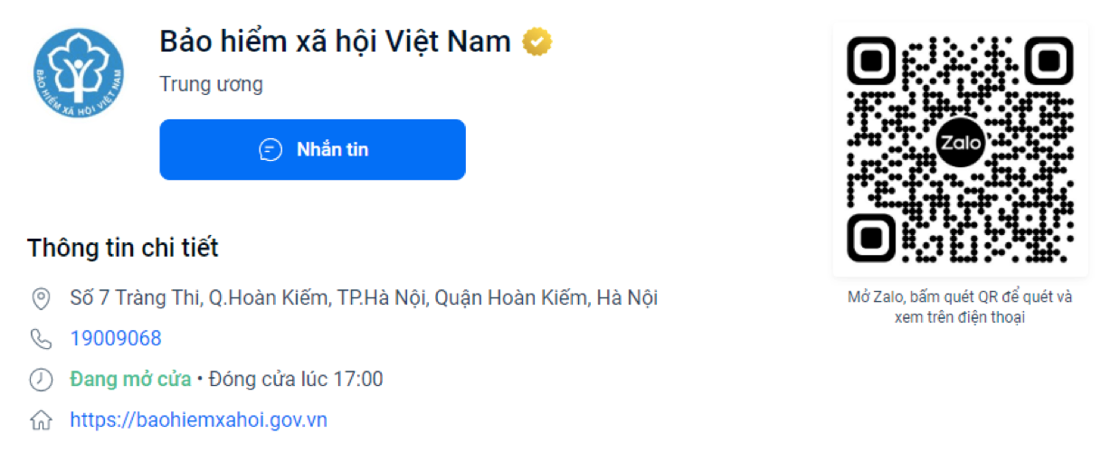 Giao diện và mã QR để vào trang chính thức của BHXH Việt Nam trên Zalo.