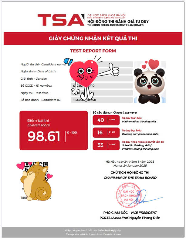 Năm 2025, Bách khoa Hà Nội triển khai giấy chứng nhận điện tử, thí sinh sẽ nhận kết quả thi số của trên tài khoản đăng ký thi của mình. Năm 2025, Bách khoa Hà Nội triển khai giấy chứng nhận điện tử, thí sinh sẽ nhận kết quả thi số của trên tài khoản đăng ký thi của mình.