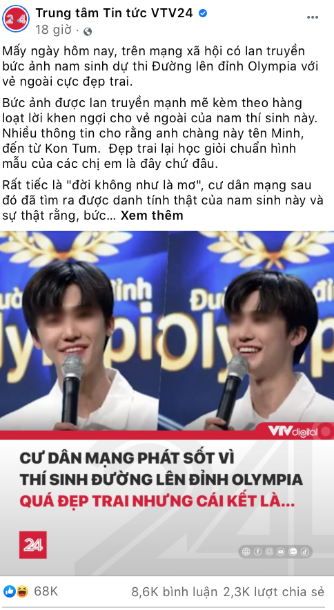 Bài đăng của VTV24 về thí sinh "Minh Kon Tum". (Ảnh chụp màn hình) Bài đăng của VTV24 về thí sinh "Minh Kon Tum". (Ảnh chụp màn hình)