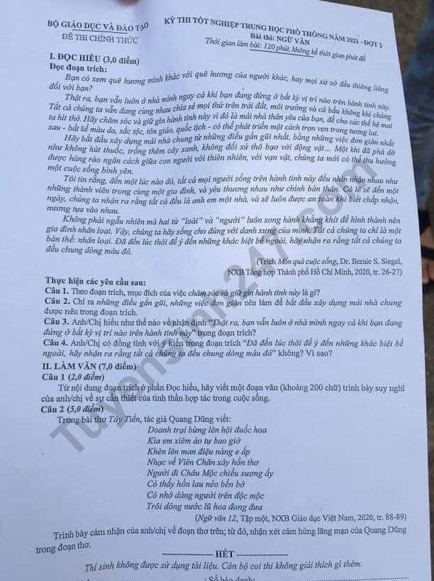 Đề thi môn Văn kỳ thi Tốt nghiệp THPT 2021 đợt 2.