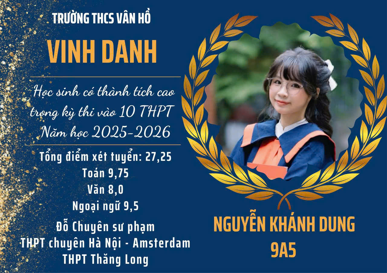 Nữ sinh Nguyễn Khánh Dung đạt giải Nhất HSG môn Toán cấp Quận và giải Khuyến khích môn Toán toàn thành phố. Cô bạn lớp trưởng 9A5 cũng tham gia tích cực các hoạt động nhà trường. Nữ sinh Nguyễn Khánh Dung đạt giải Nhất HSG môn Toán cấp Quận và giải Khuyến khích môn Toán toàn thành phố. Cô bạn lớp trưởng 9A5 cũng tham gia tích cực các hoạt động nhà trường.