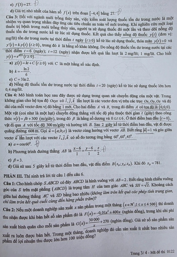 Đề thi môn Toán kỳ thi tốt nghiệp THPT 2025 - mã đề 0122.
