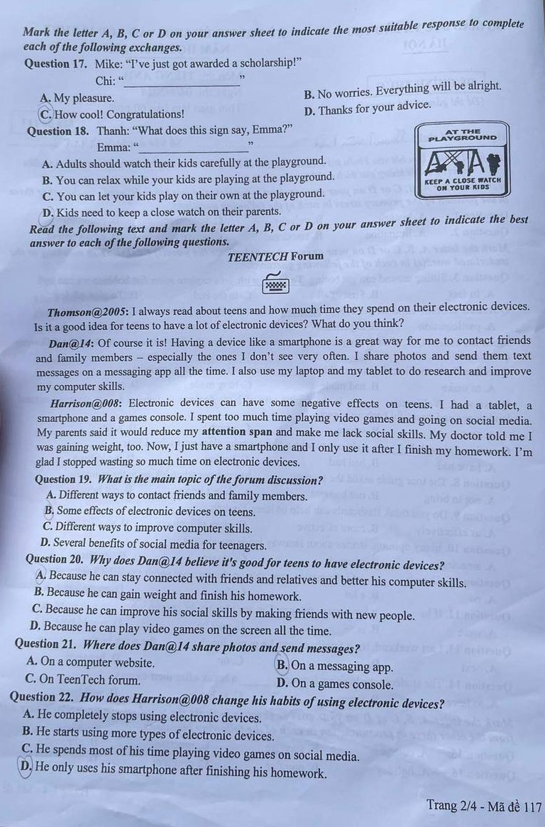 Đề thi tiếng Anh mã đề 117.