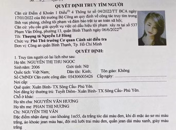 Công an quận Bình Thạnh (TP HCM) ra quyết định truy tìm Ngọc.