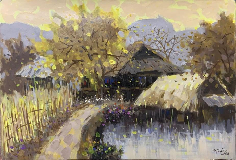 Họa sỹ Nguyễn Văn Đức, gửi tặng bức "Ngày yên bình", khổ 60 cm x 80 cm.