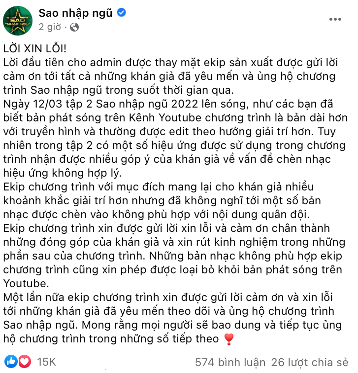 Bài đăng trên fanpage Sao Nhập Ngũ.