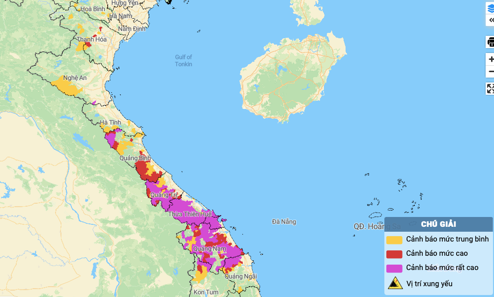 Bản đồ cảnh báo nguy cơ xảy ra lũ quét, sạt lở đất. (Ảnh: NCHMF) Bản đồ cảnh báo nguy cơ xảy ra lũ quét, sạt lở đất. (Ảnh: NCHMF)