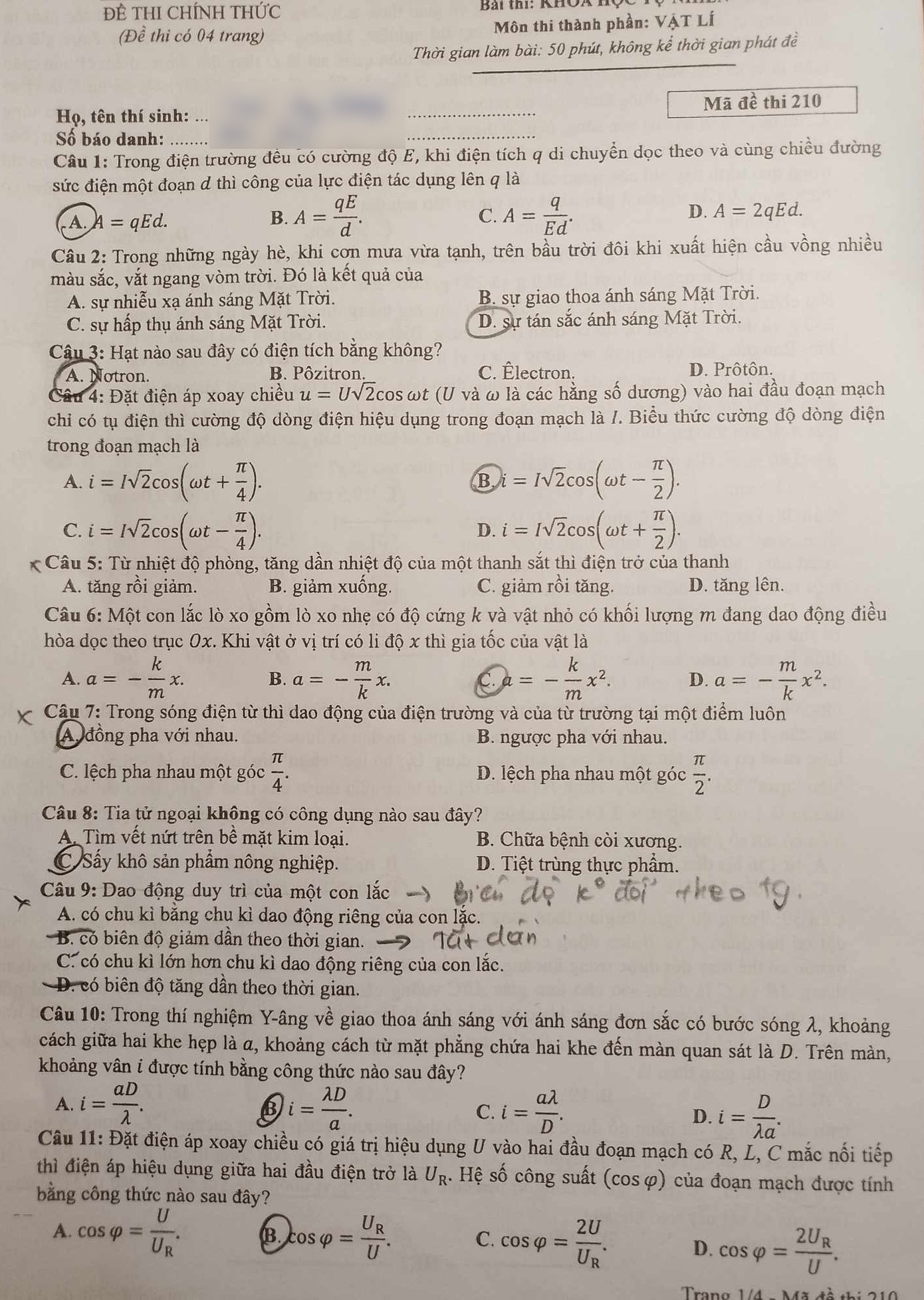 Đề thi tốt nghiệp THPT Quốc gia năm 2024 môn Vật lí mã đề 210. Đề thi tốt nghiệp THPT Quốc gia năm 2024 môn Vật lí mã đề 210.